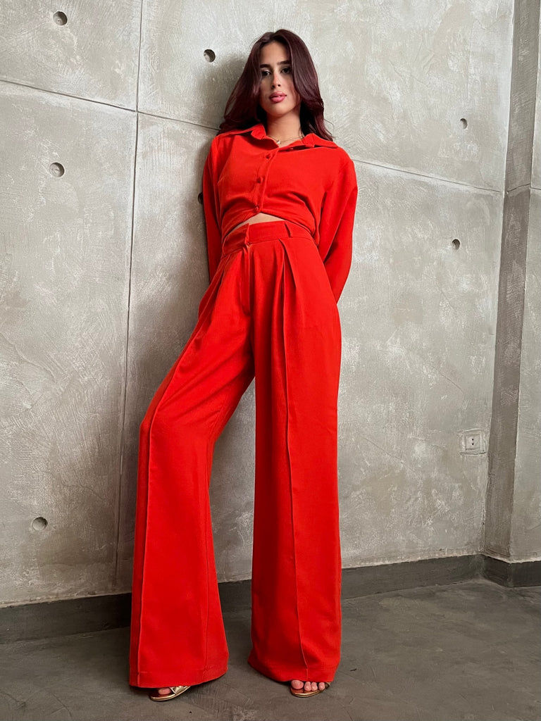 Red High Waisted Plicated Detail Wide Leg Suit Pants - Mii