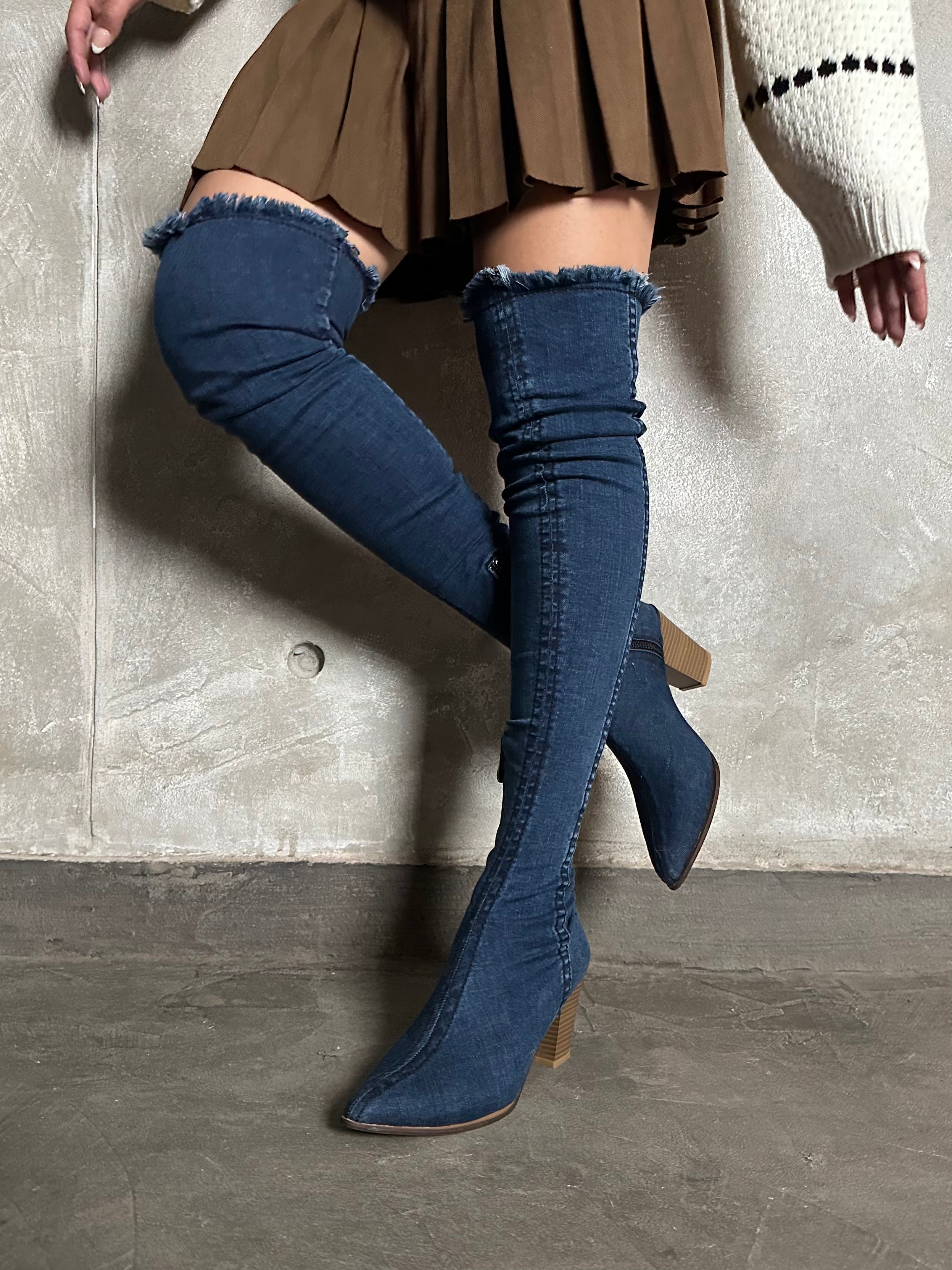 Long denim boots sales