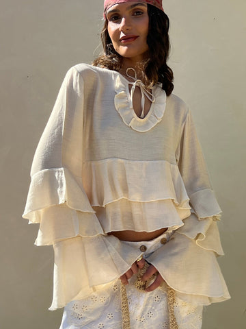 Beige Bold Ruffles Chiffon Blouse - Mii