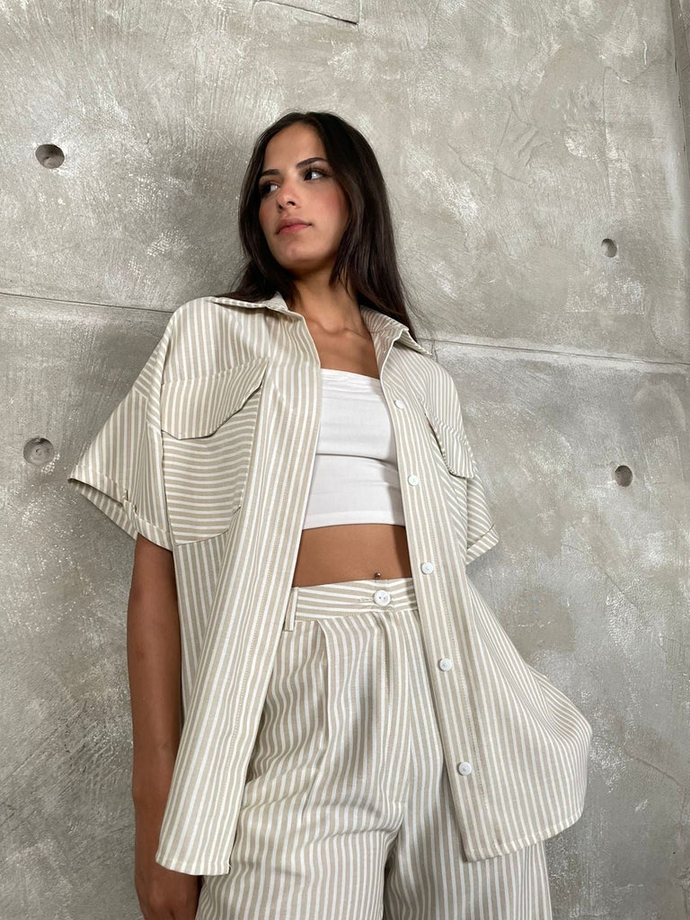 Beige Front Pockets Striped Shirt - Mii