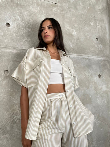 Beige Front Pockets Striped Shirt - Mii