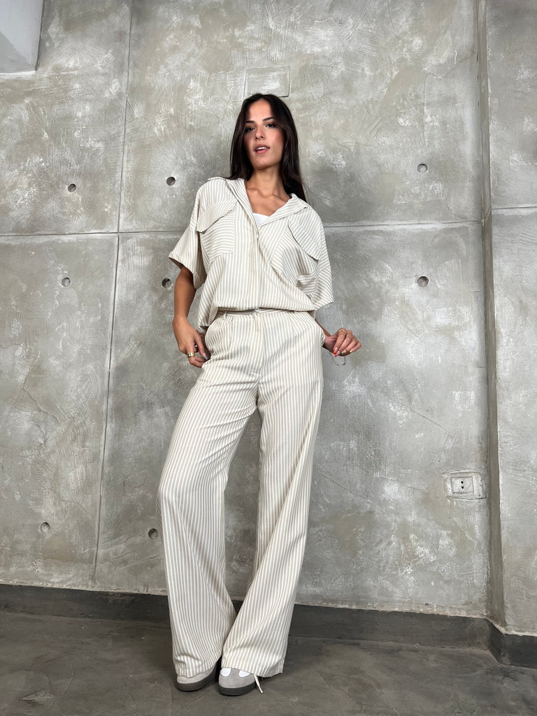 Beige High Waisted Striped Pants - Mii