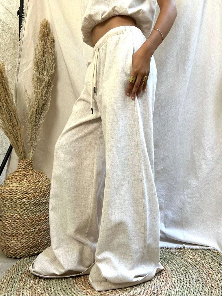 Beige Linen Wide Leg Pants - Mii