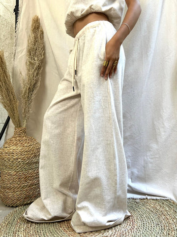 Beige Linen Wide Leg Pants - Mii