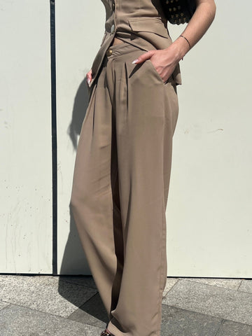 Beige Metal Button Formal Pants - Mii