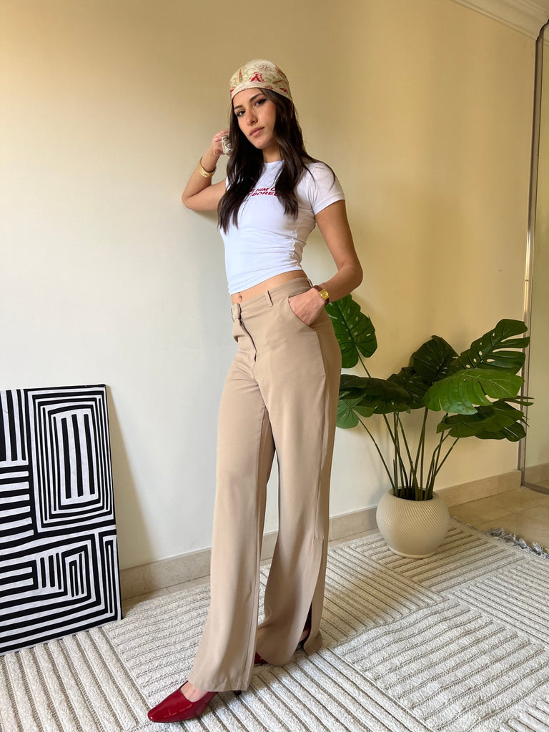 Beige Side Slit Formal Pants - Mii