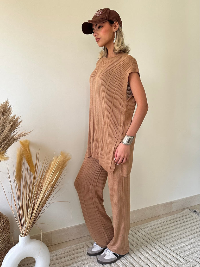 Beige Side Slit Summer Knit Set - Mii