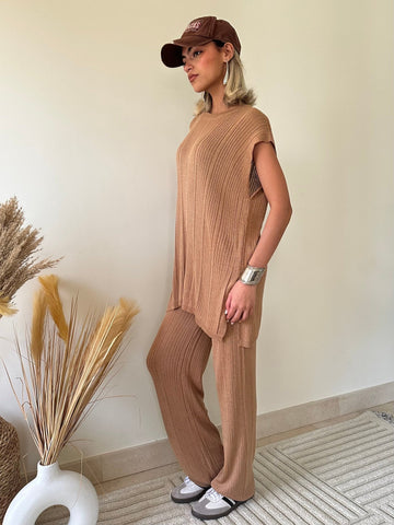 Beige Side Slit Summer Knit Set - Mii