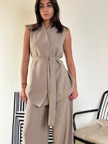 Beige Sleeveless Glittery Belted Vest - Mii