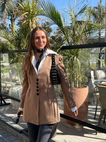 Beige Snatched Waist Blazer - Mii