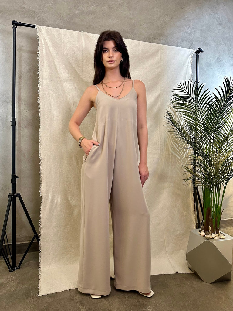 Beige Spaghetti Strap Wide Leg Jumpsuit - Mii