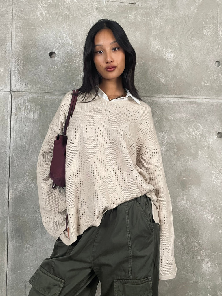 Beige V - Neck Textured Knit Pullover - Mii