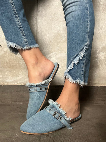 Belted Denim Flat Mule - Mii