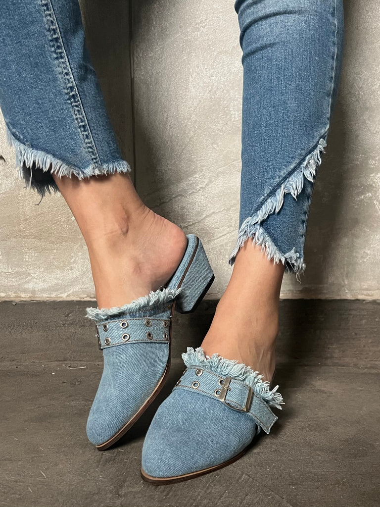 Belted Denim Short Heels Mule - Mii