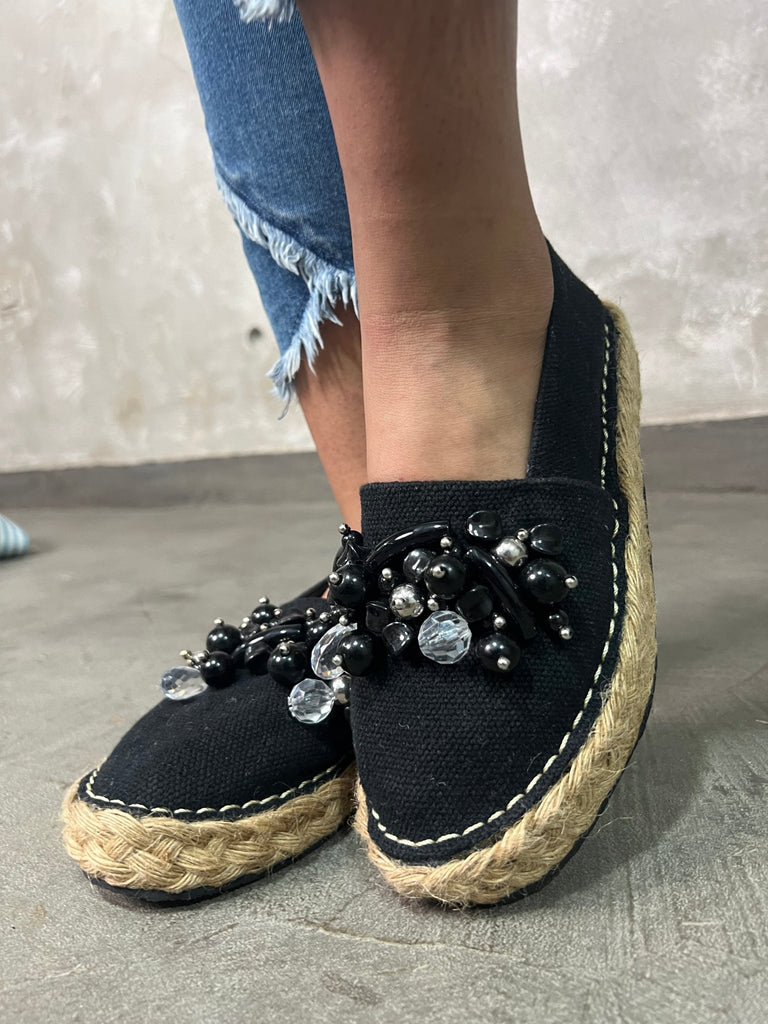 Black Big Pearls Espadrille - Mii