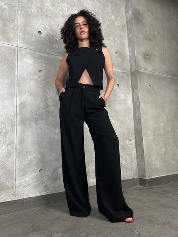 Black High Waisted Suit Straight Pants - Mii