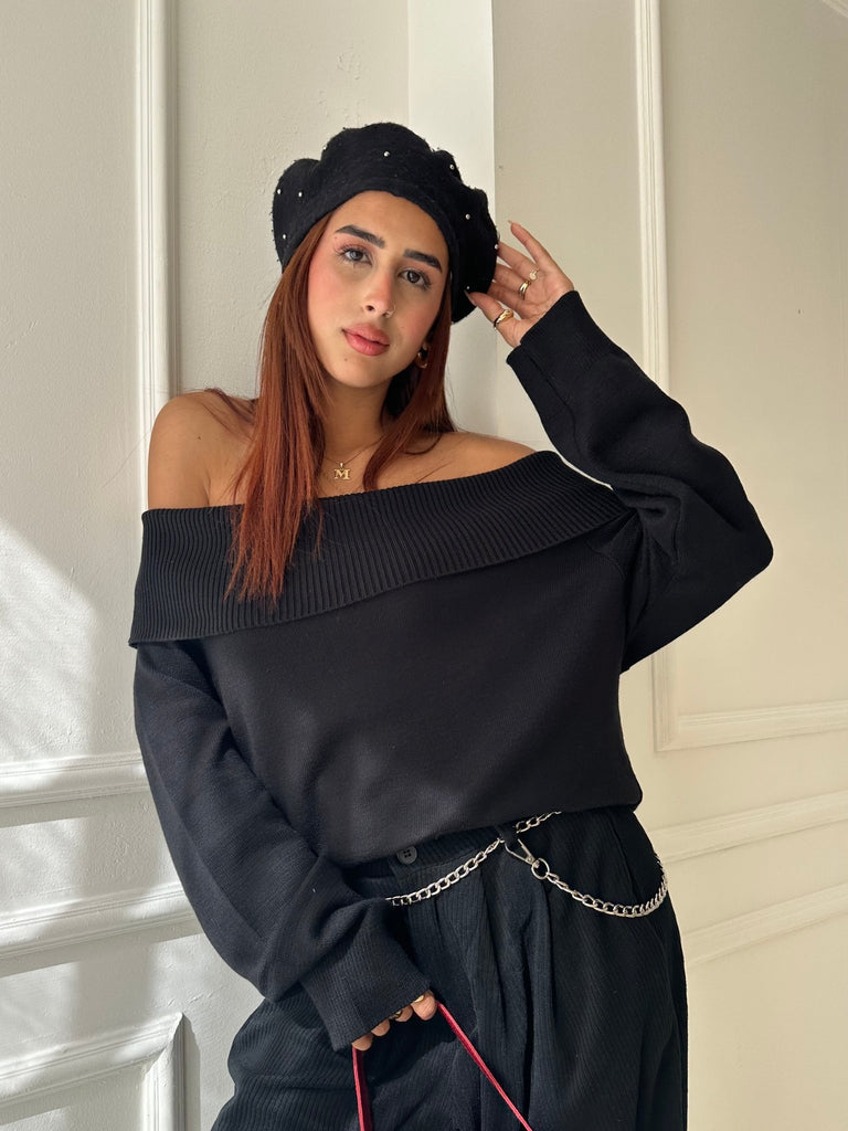 Black Off Shoulder Pullover - Mii