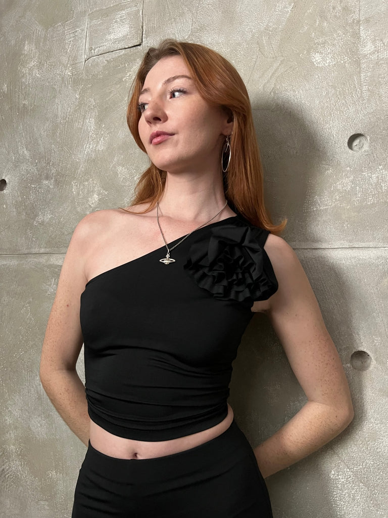 Black One Shoulder Top (with removable flower) - Mii