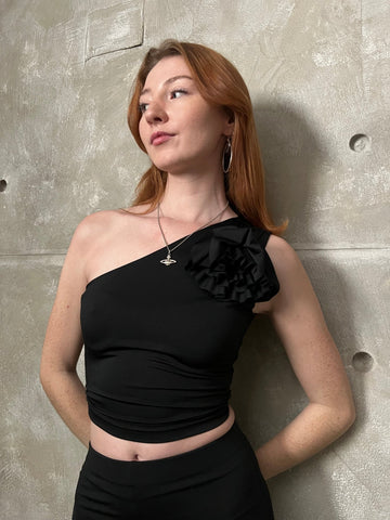 Black One Shoulder Top (with removable flower) - Mii
