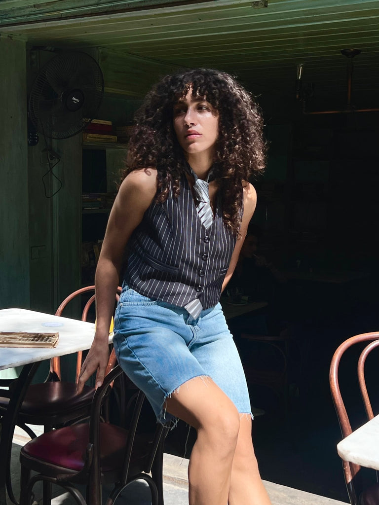Black Pinstripe Striped Suit Vest - Mii