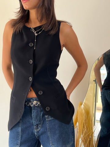 Black Round Neck Fitted Vest - Mii