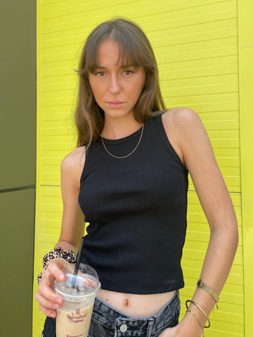 Black Round Neck Ribbed Top - Mii