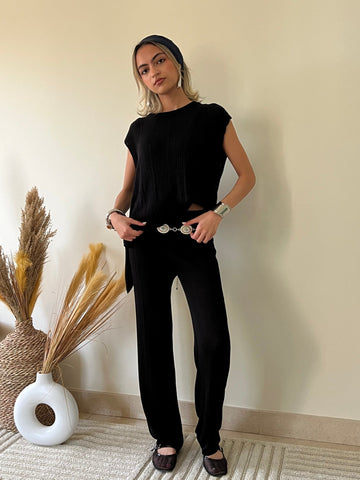 Black Side Slit Summer Knit Set - Mii