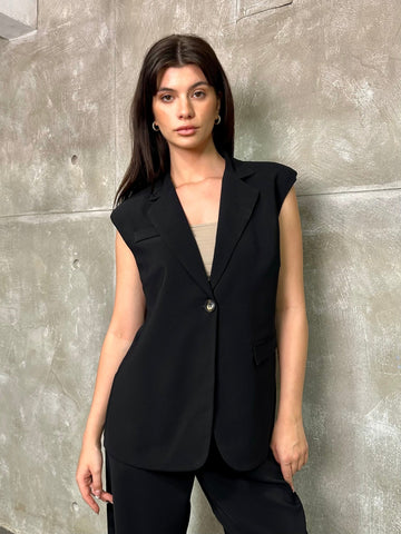 Black Single Button Sleeveless Blazer - Mii