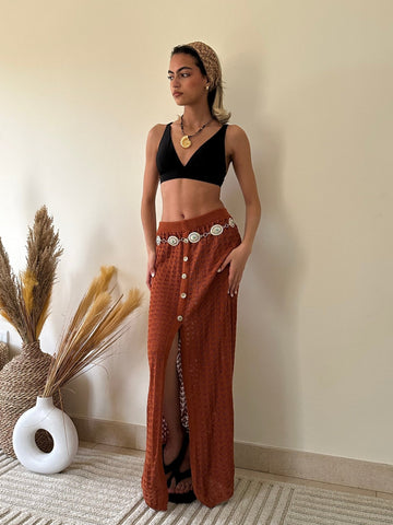 Brick Crochet Knit Slit Maxi Skirt - Mii