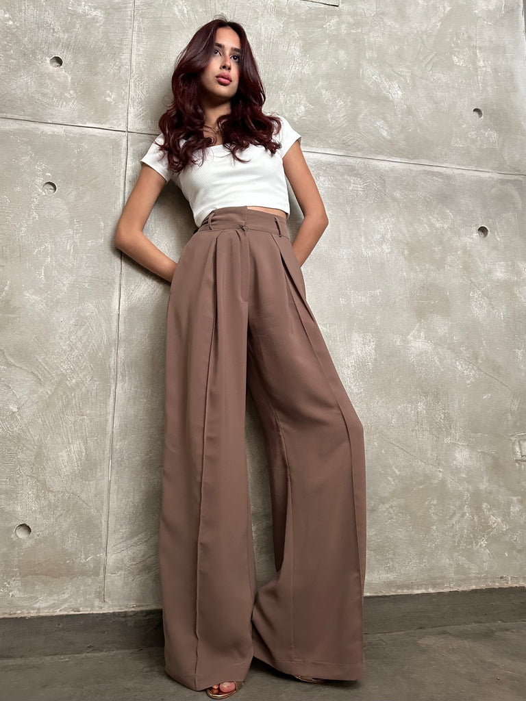 Cafe High Waisted Plicated Detail Wide Leg Suit Pants - Mii