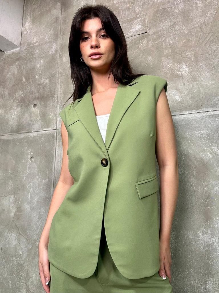 Green Single Button Sleeveless Blazer - Mii