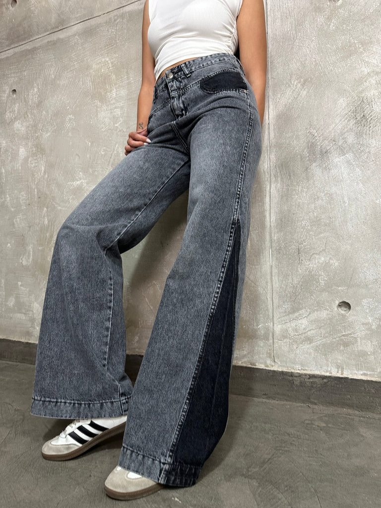 Grey Two Tone Wide Leg Jeans - Mii