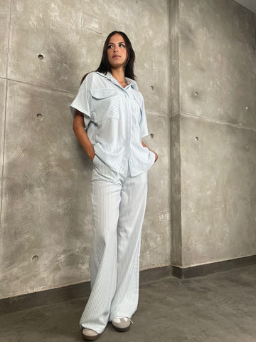 Light Blue Front Pockets Striped Shirt - Mii