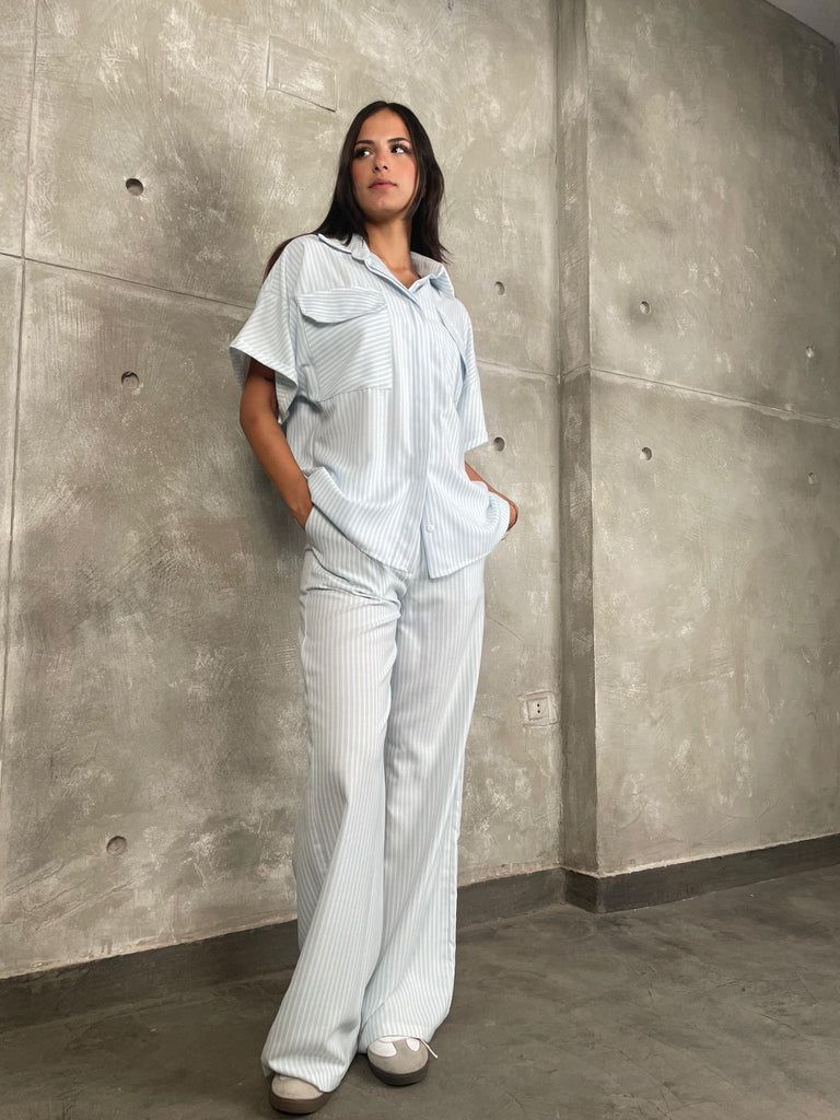 Light Blue High Waisted Striped Pants - Mii