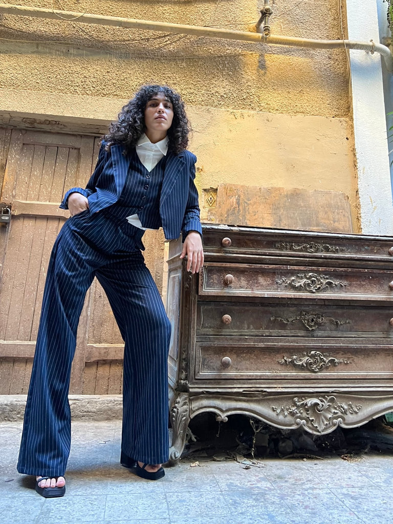 Navy Pinstripe Suit Pants - Mii