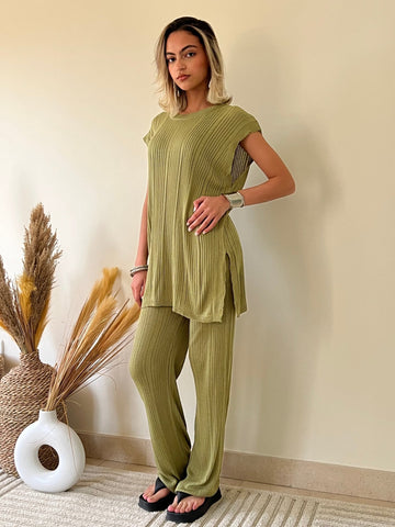 Olive Side Slit Summer Knit Set - Mii