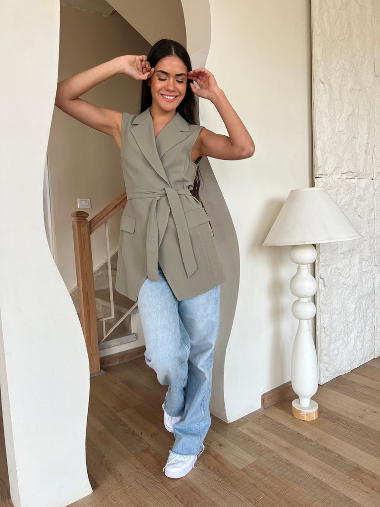 Olive Tie On Snatched Waist Vest - Mii