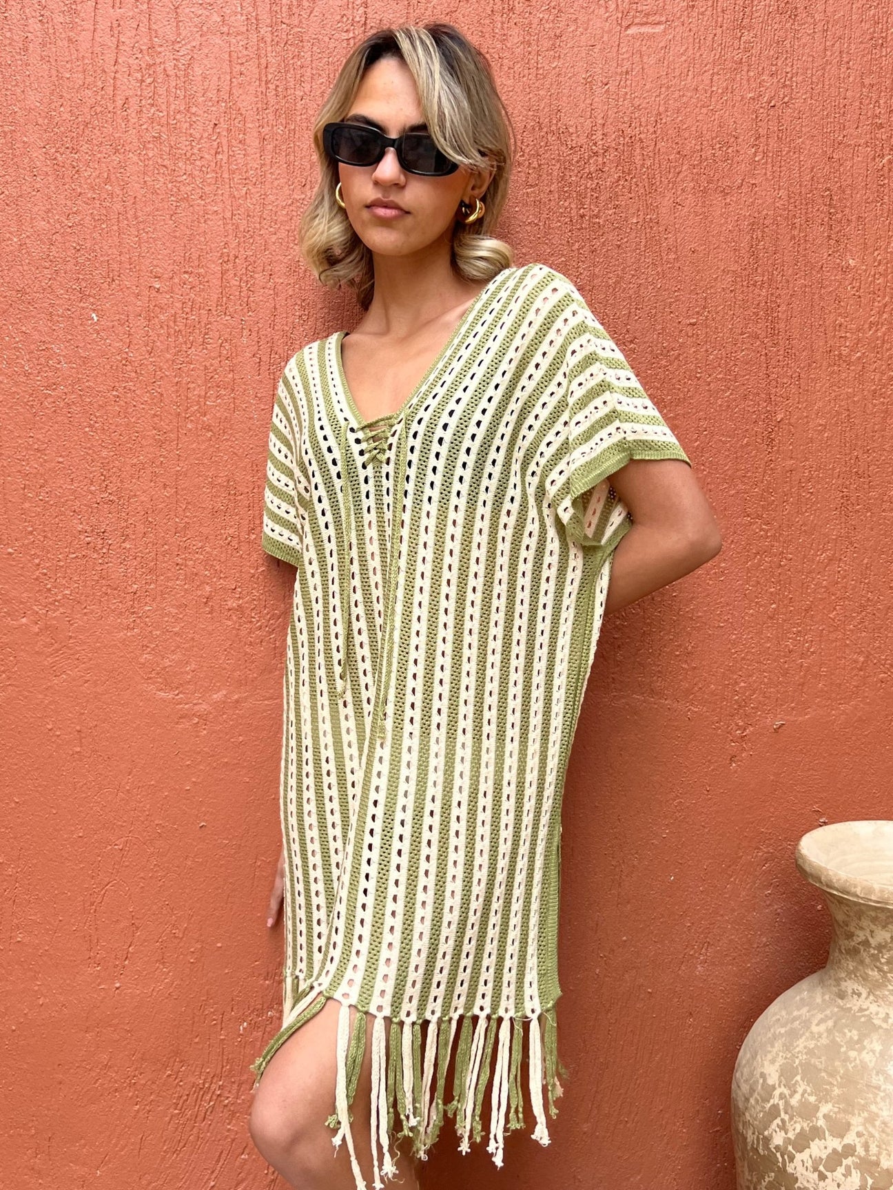 Olive X Beige Pinstripe Coverup - Mii