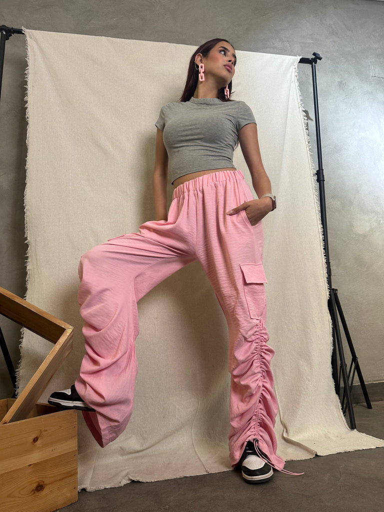 Pink Flap Pocket Side Drawstring Waist Parachute Pants - Mii