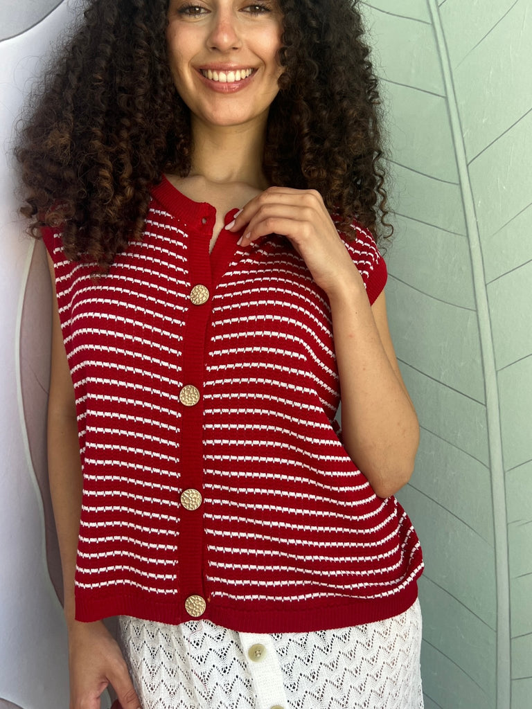 Red Stripes Sleeveless Golden Button Vest - Mii