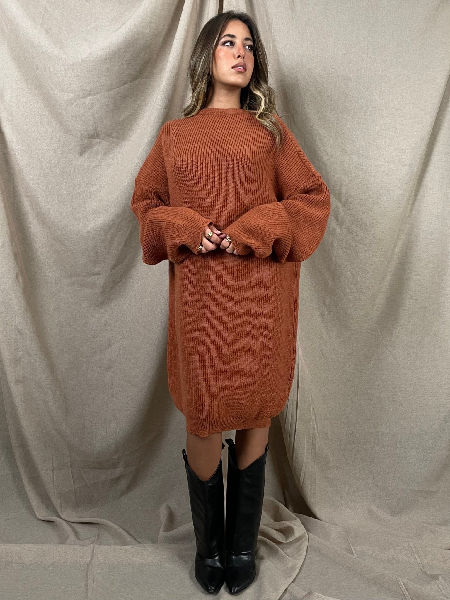 Rust Frenchy Ripped Knit Sweater Dress Mii