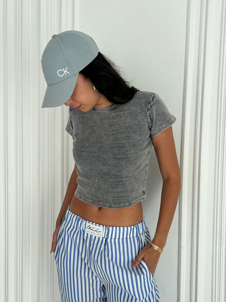 Washed Grey Half Sleeve Ribbed Top - Mii