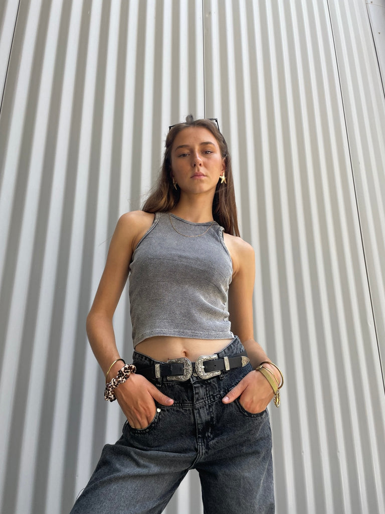 Washed Grey Round Neck Ribbed Top - Mii
