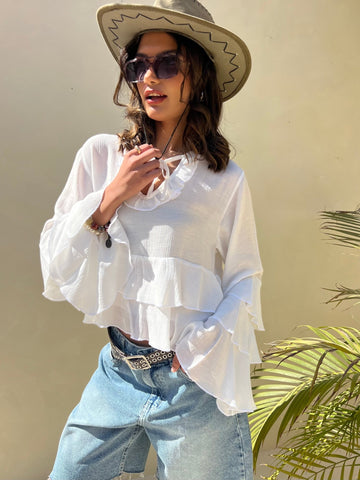 White Bold Ruffles Chiffon Blouse - Mii