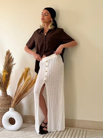 White Crochet Knit Slit Maxi Skirt - Mii