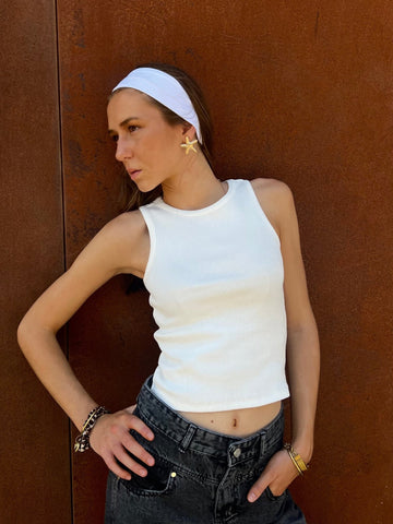 White Round Neck Ribbed Top - Mii