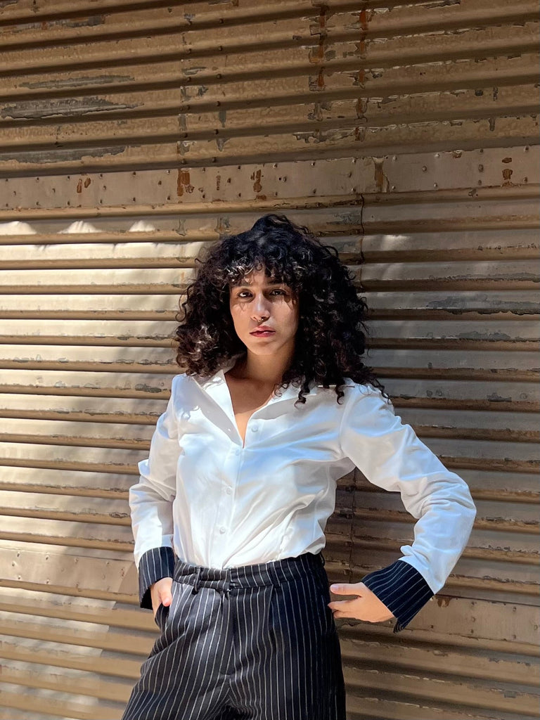 White Shirt with Black Pinstripe Cuffs - Mii