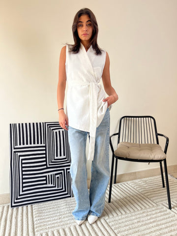 White Sleeveless Glittery Belted Vest - Mii