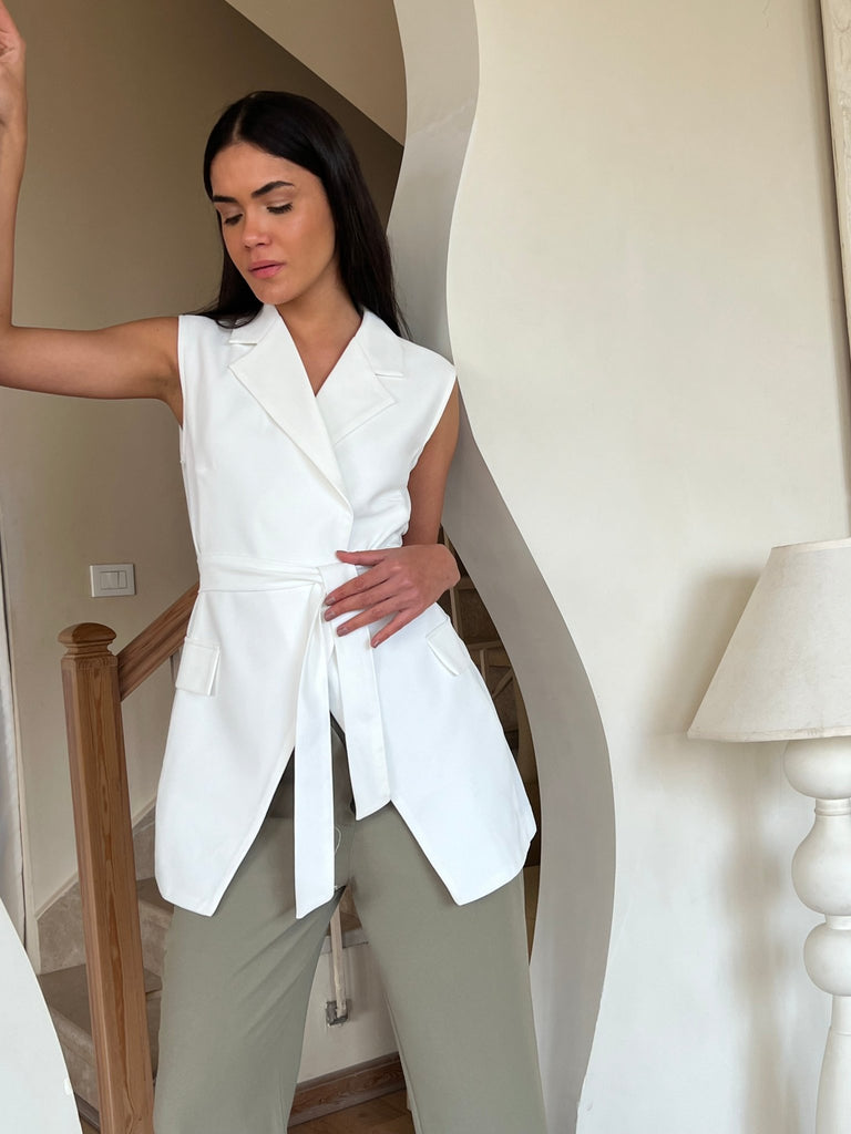 White Tie On Snatched Waist Vest - Mii
