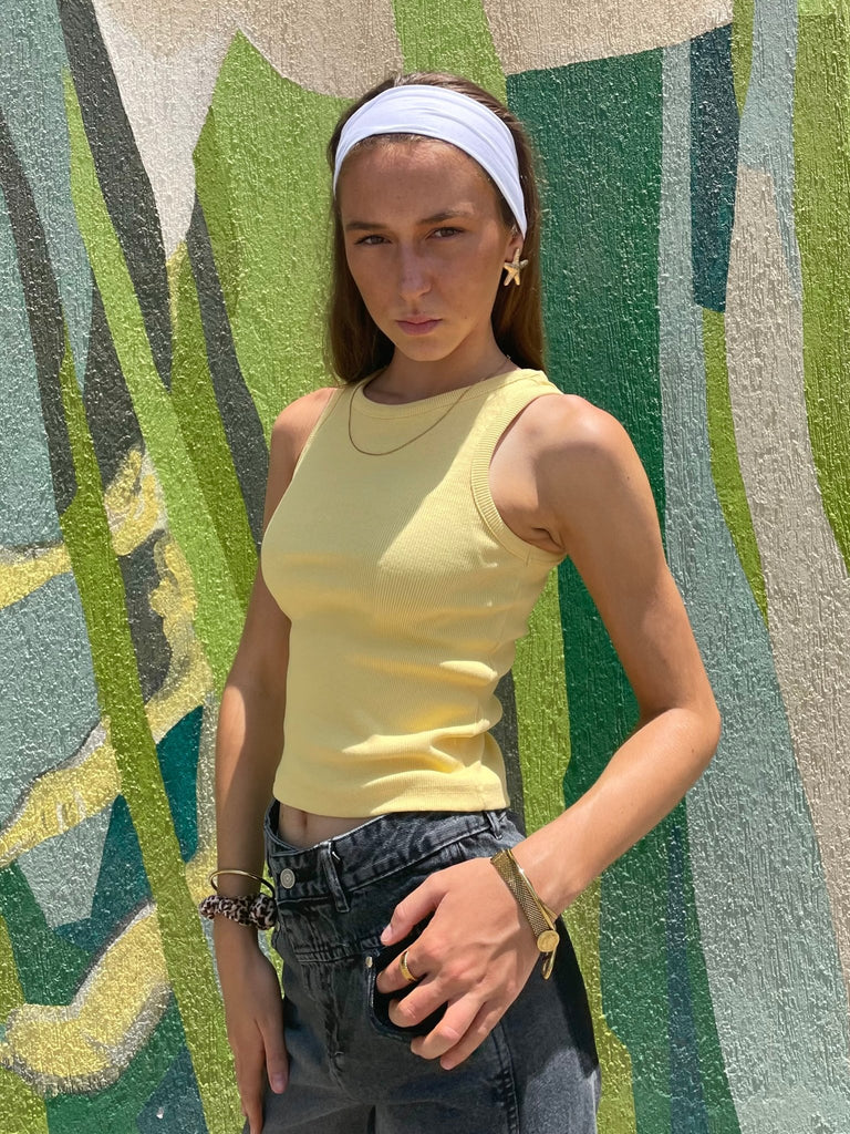Yellow Round Neck Ribbed Top - Mii